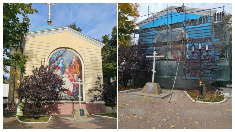 Перекрасили в голубой уникальный Рождественский храм в парке Толстого Брянска